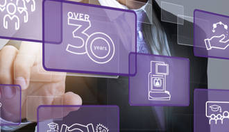 Person in a suit pointing at an 'Over 30 Years' icon